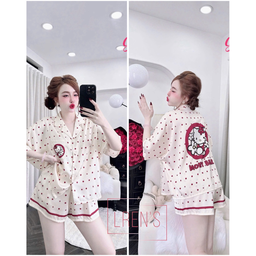 [ Size<68kg ]Đồ mặc nhà nữ áo tay ngắn quần đùi form cánh dơi hoạ tiết sang chảnh chất lụa mềm mịn mát