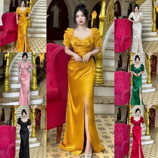 Đầm dạ hội, đầm trung niên thiết kế tay phồng ngực đính ngọc cao cấp tko