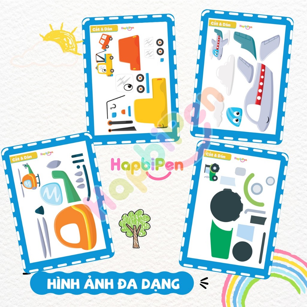 Đồ chơi tranh cắt dán cho bé với chủ đề phương tiện giao thông học liệu học tập gồm 32 trang A4 A5