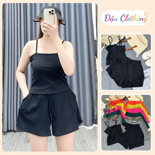 Đồ Bộ Bigszie nữ Áo Croptop Hai Dây Sợi Bún Quần Short Lưng Chun Có Túi Vải Thun Gân Co Giãn SET19