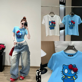 Áo phông cotton cổ tròn cộc tay hình mèo kèm nơ đỏ form babytee #20387