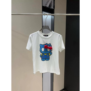 Áo phông cotton cổ tròn cộc tay hình mèo kèm nơ đỏ form babytee #20387