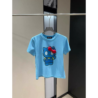 Áo phông cotton cổ tròn cộc tay hình mèo kèm nơ đỏ form babytee #20387