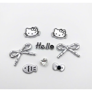 Bộ 8 charm MÈO BẠC - sẵn đế gắn, charm nhựa, phụ kiện dễ thương gắn dép, trang trí túi xách, dép lỗ