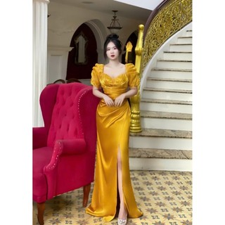 Đầm dạ hội, đầm trung niên thiết kế tay phồng ngực đính ngọc cao cấp tko