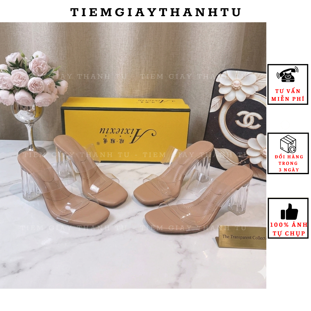 9 Guốc cao gót hai quai mica trong mềm gót trụ 7-10p hàng NỘI ĐỊA QCCC