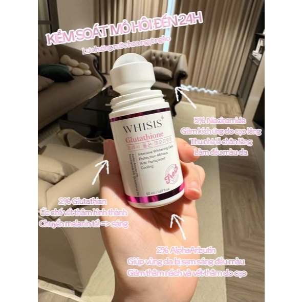 Lăn Khử Mùi Giảm Mồ Hôi Hỗ Trợ Khử Thâm Dưỡng Sáng Da Vùng Dưới Cánh Tay WHISIS Glutathione Fresh Roll On Deodorant 50ml