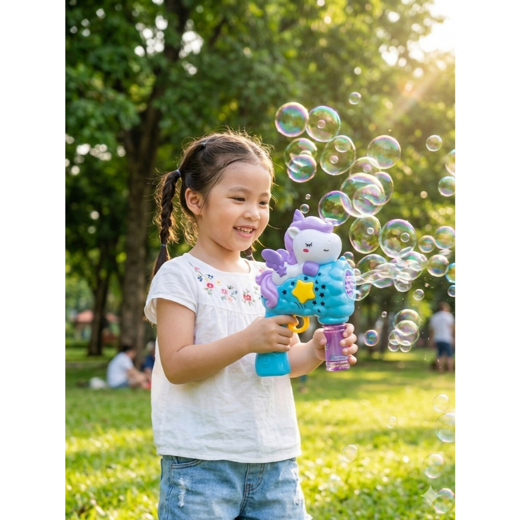 Súng Thổi Bong Bóng Kỳ Lân Unicorn Có Đèn Nhạc Kèm Dung Dịch Máy Tạo Bong Bóng Cho Bé Gái