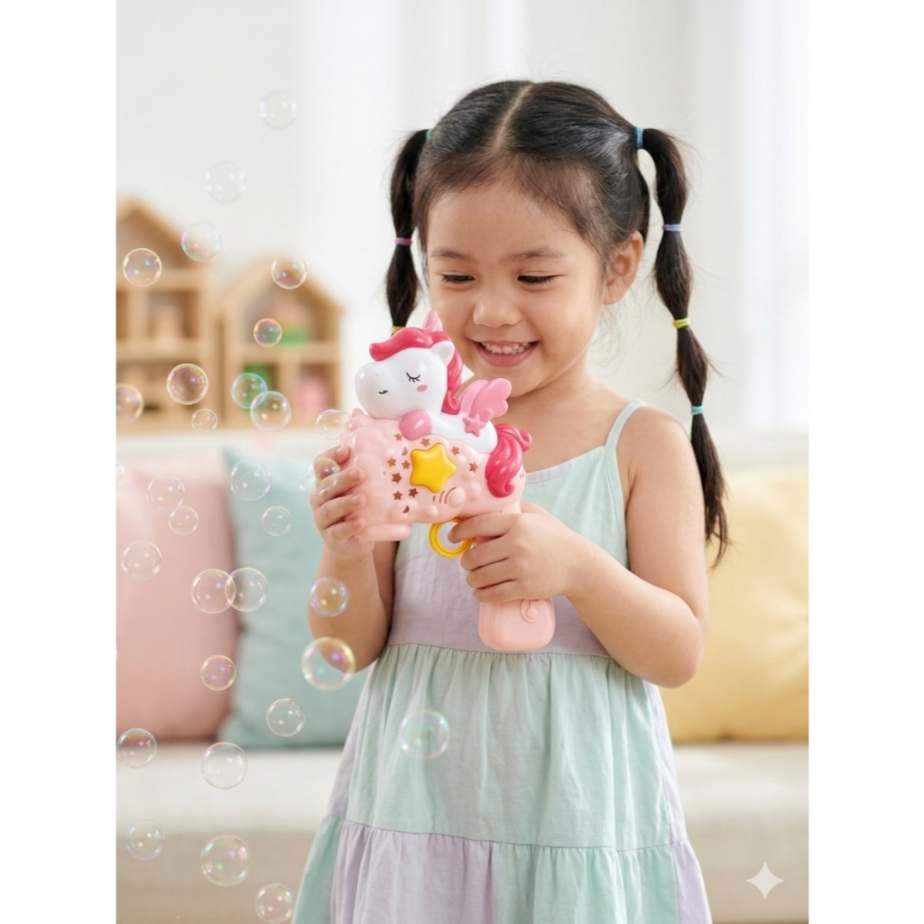 Súng Thổi Bong Bóng Kỳ Lân Unicorn Có Đèn Nhạc Kèm Dung Dịch Máy Tạo Bong Bóng Cho Bé Gái