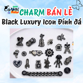 Set Charm Black Luxury Icon Cao Cấp, Charm Đen Đính Đá Sang Chảnh, Trang Trí Dép Túi Xách Phong Cách Thời Trang, Hot Tre