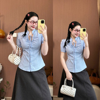 Áo Sơ Mi Nữ Cổ Nơ Tiểu Thư Tay Phồng Thanh Lịch Dáng Ôm Tôn Dáng Phong Cách Hàn Quốc 247Store SM0158