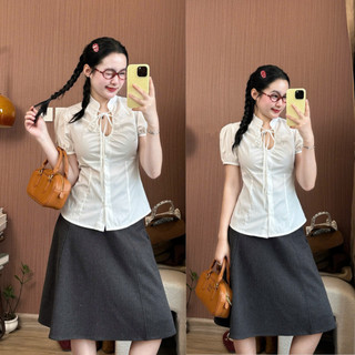 Áo Sơ Mi Nữ Cổ Nơ Tiểu Thư Tay Phồng Thanh Lịch Dáng Ôm Tôn Dáng Phong Cách Hàn Quốc 247Store SM0158