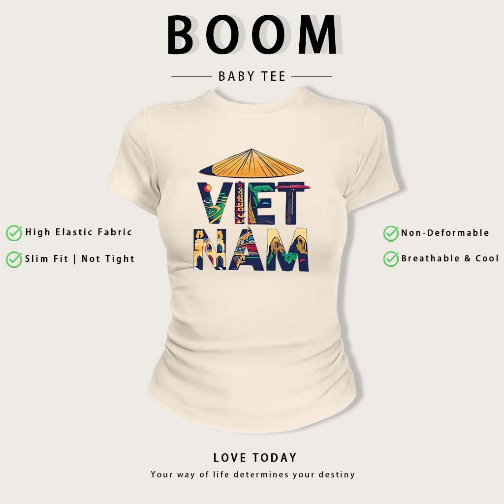 BOOM Áo Baby Tee Y2K Cotton Ôm Body | Áo Thun Nữ Tay Ngắn Cổ Tròn In Lá Cờ Việt Nam Phong Cách Hàn Quốc Mùa Hè #05