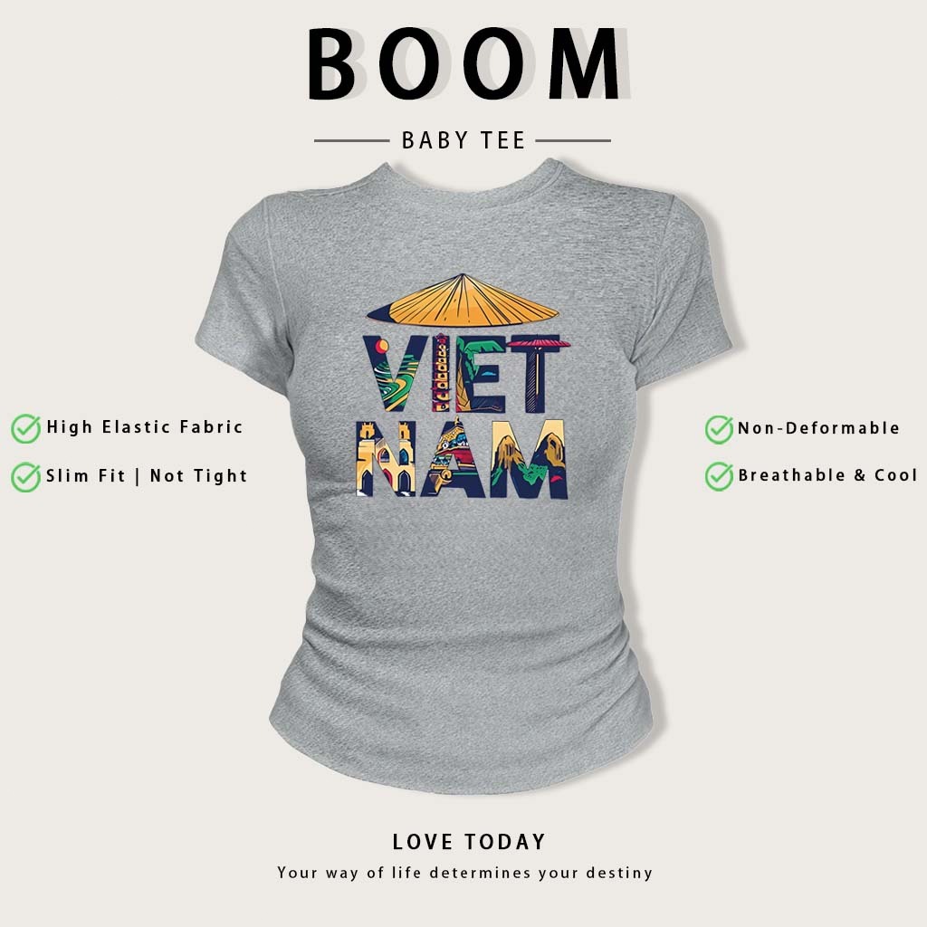 BOOM Áo Baby Tee Y2K Cotton Ôm Body | Áo Thun Nữ Tay Ngắn Cổ Tròn In Lá Cờ Việt Nam Phong Cách Hàn Quốc Mùa Hè #05