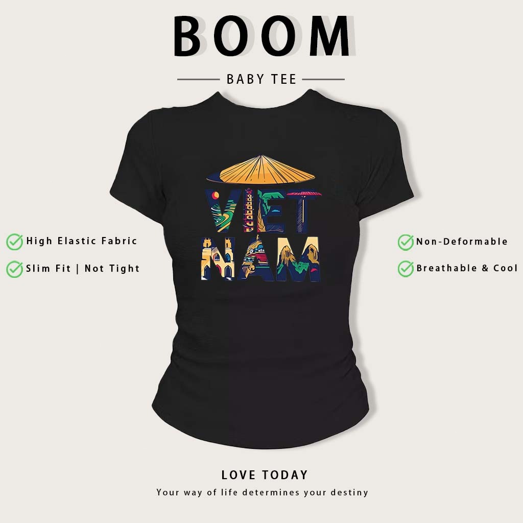 BOOM Áo Baby Tee Y2K Cotton Ôm Body | Áo Thun Nữ Tay Ngắn Cổ Tròn In Lá Cờ Việt Nam Phong Cách Hàn Quốc Mùa Hè #05