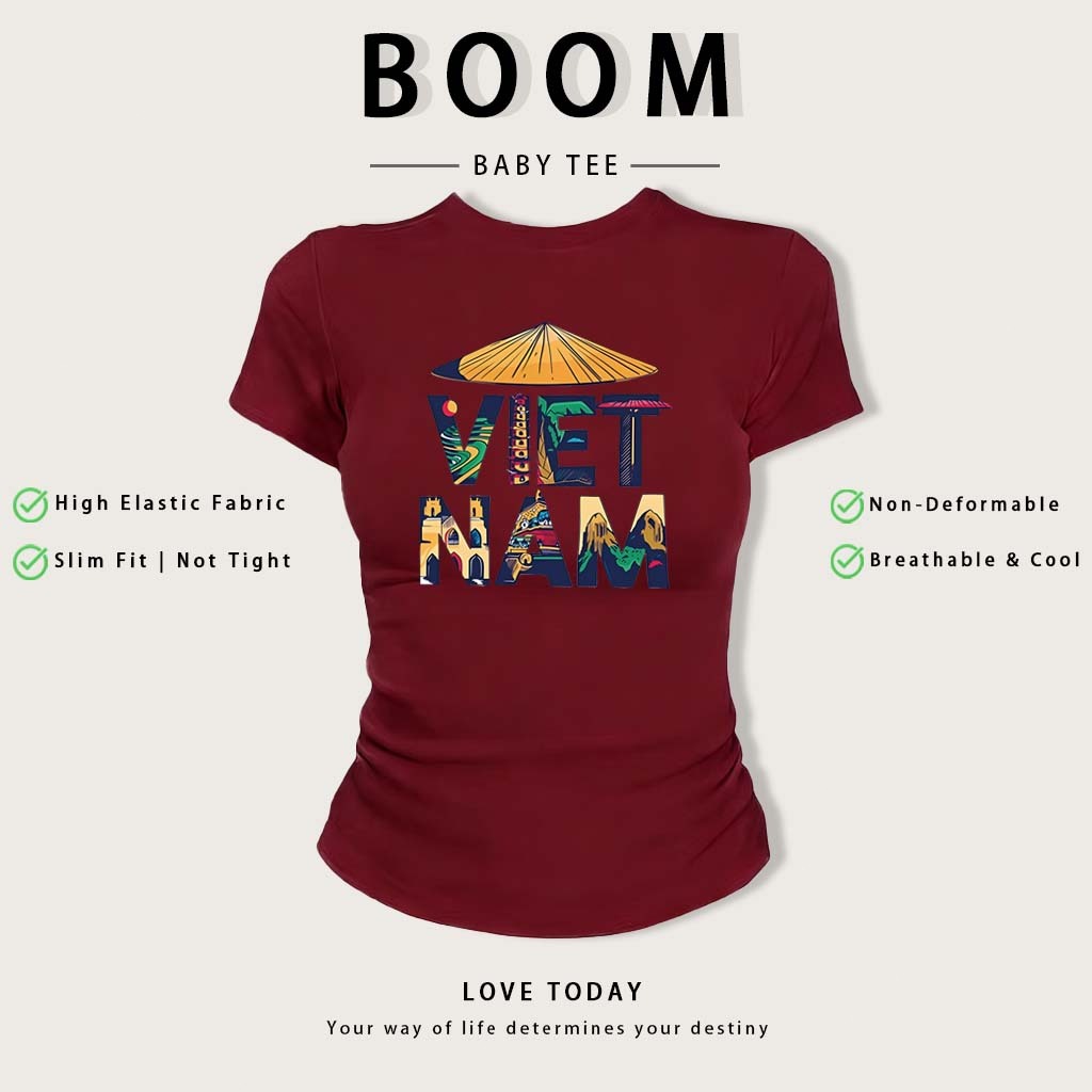 BOOM Áo Baby Tee Y2K Cotton Ôm Body | Áo Thun Nữ Tay Ngắn Cổ Tròn In Lá Cờ Việt Nam Phong Cách Hàn Quốc Mùa Hè #05