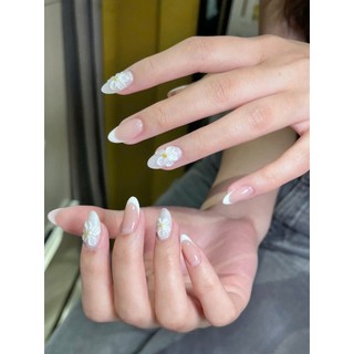 Nailbox Thiết Kế Hoa Nổi Phối French Trắng Nhẹ Nhàng Tiểu Thư, Dễ Thương, Theo Nailbox