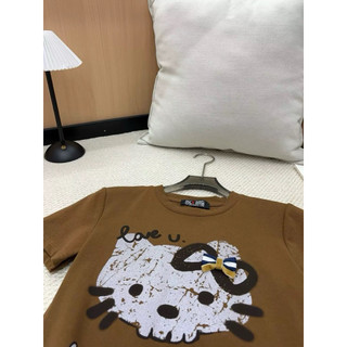 Áo phông cotton cổ tròn cộc tay hình mặt mèo kitty sơn mài gắn nơ form babytee #20351