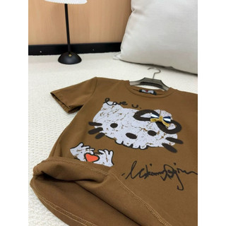 Áo phông cotton cổ tròn cộc tay hình mặt mèo kitty sơn mài gắn nơ form babytee #20351
