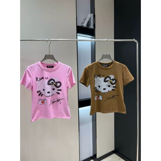 Áo phông cotton cổ tròn cộc tay hình mặt mèo kitty sơn mài gắn nơ form babytee #20351