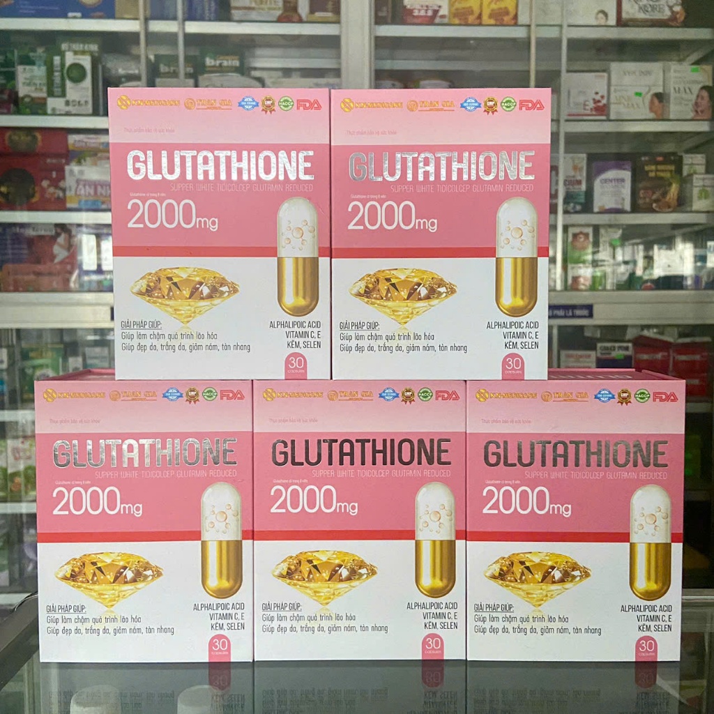viên uống trắng da glutathione 2000mg Viên uống trắng da GLUTATHIONE 2000mg giúp dưỡng sáng mịn, làm đẹp da, hỗ  trợ mờ nám, sạm, tàn nhang, hộp 30 viên