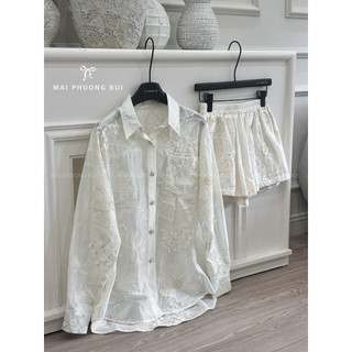 SET ÁO SƠ MI REN HOA MIX QUẦN ĐÙI NGẮN MPB RK, BỘ ĐỒ NỮ QUẦN ĐÙI
