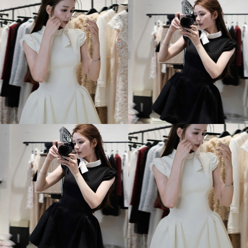 NH CLOTHER -Váy Trắng Be Thiết Kế Dáng Xòe Phồng Công Chúa Cổ Tàu Cách Điệu Bèo Tay Phồng Tiểu Thư Sang Chảnh