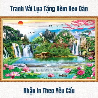 Tranh sơn thủy hữu tình, tranh phong cảnh thác nước tranh 3D dán tường in trên chất liệu vải lụa (shop tặng kèm keo dán)