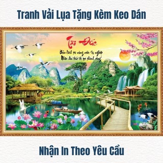 Tranh sơn thủy hữu tình, tranh phong cảnh thác nước tranh 3D dán tường in trên chất liệu vải lụa (shop tặng kèm keo dán)