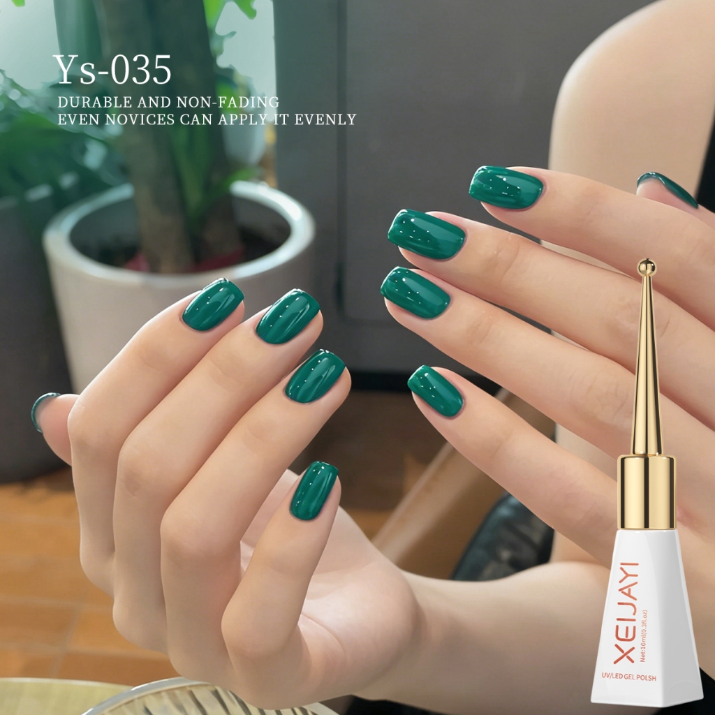 XEIJAYI 10ml - Sơn móng tay dạng gel màu xanh lá cây đậm, màu sắc phong phú và bão hòa cao, làm sáng tông màu da.