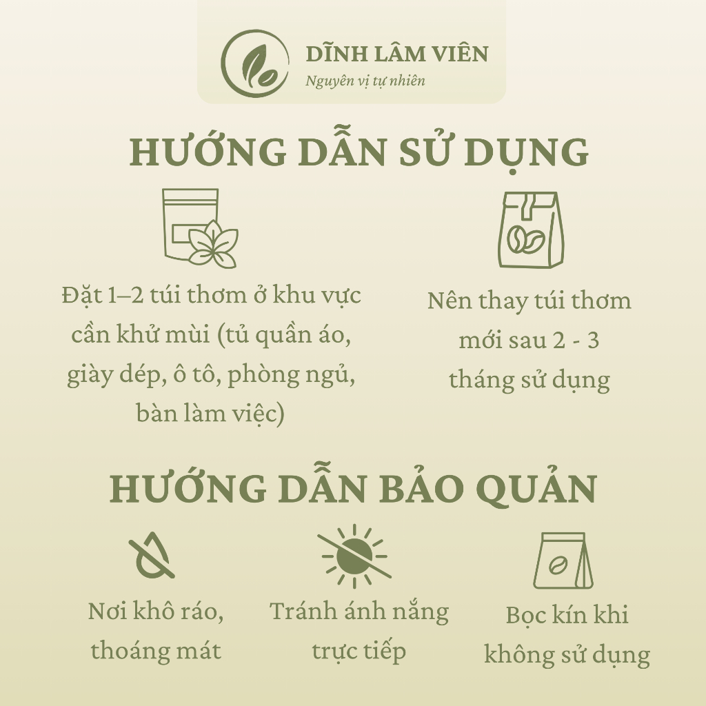 Túi thơm Cà phê Robusta Gia Lai nguyên hạt rang mộc hút ẩm khử mùi 30g | Dĩnh Lâm Viên
