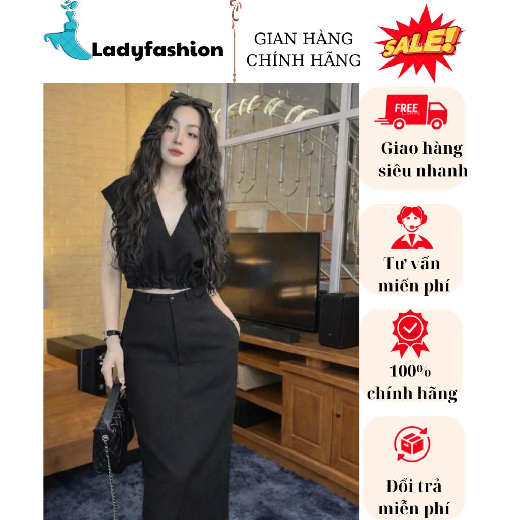 Set áo cổ V Cao Cấp Màu Đỏ ,Ðen  Áo Croptop + Chân Váy Dài Body – Phong Cách Quý Phái New 2026