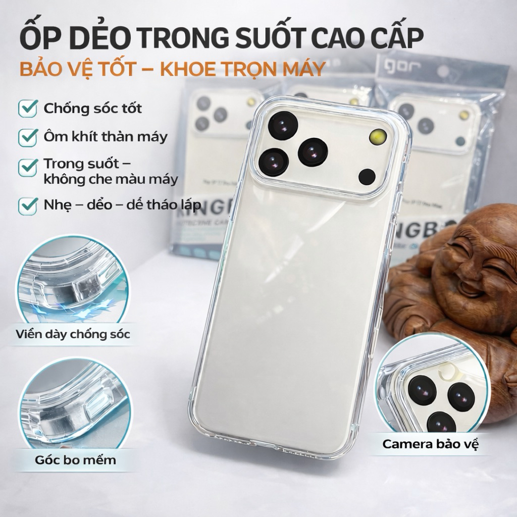 Ốp Lưng iPhone GOR KiNGBON Dẻo Trong Suốt Chống Va đập cho iPhone 11 Đến 17 Pro Max