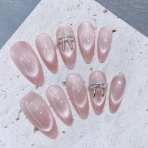 Nailbox [ Mã T16 ] Mắt Mèo Hồng & Xám Đính Nơ Đơn Giản Nhẹ Nhàng - Thiết Kế Thủ Công