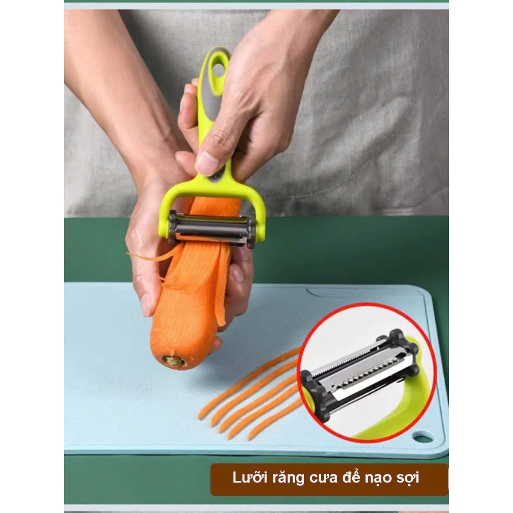 Dao Bào 3 Lưỡi Cầm Tay Đa Năng Cán Nhựa Xanh 3IN1, Dao Gọt Vỏ/Bào Mỏng/Cắt Sợi TitiHome