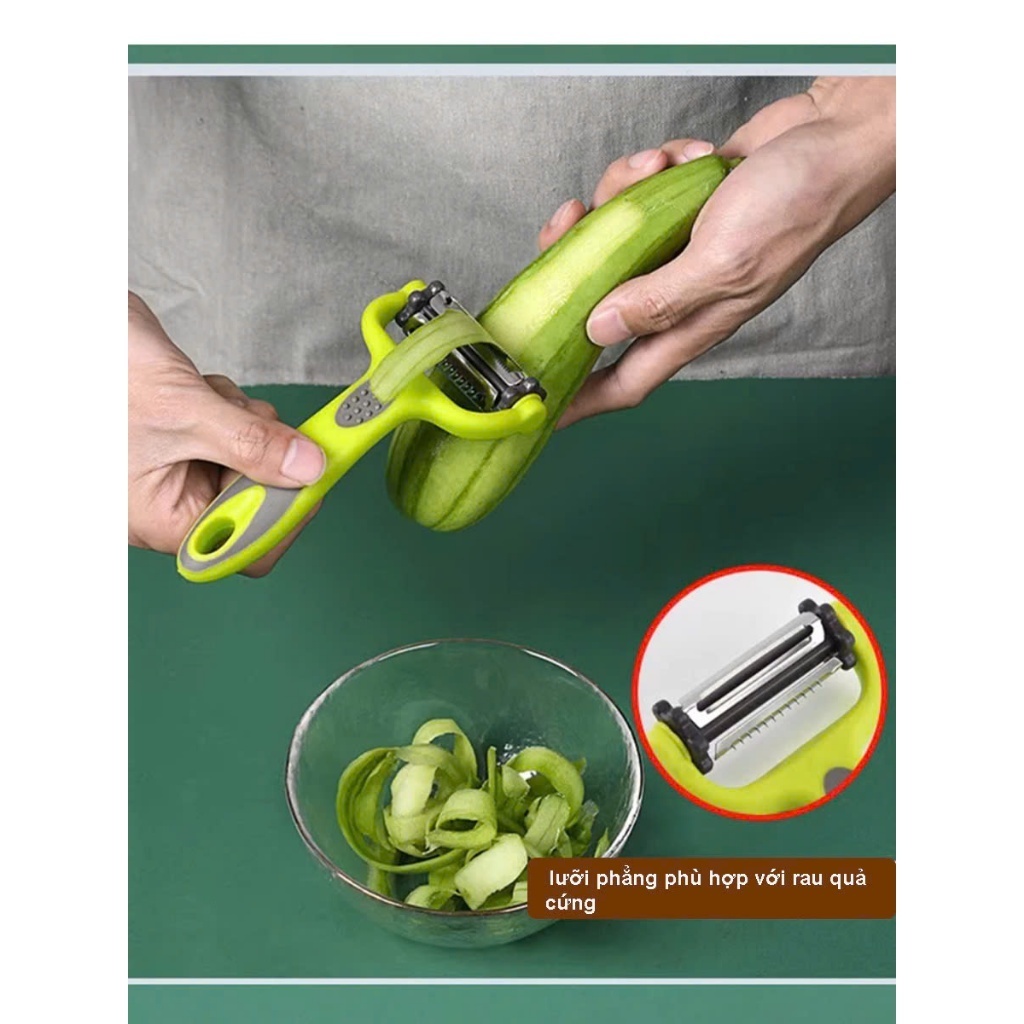 Dao Bào 3 Lưỡi Cầm Tay Đa Năng Cán Nhựa Xanh 3IN1, Dao Gọt Vỏ/Bào Mỏng/Cắt Sợi TitiHome