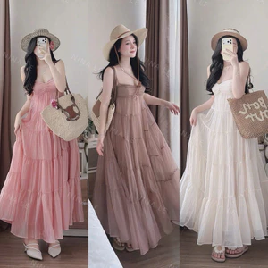 Đầm maxi hai dây voan tơ ba lớp bồng bềnh, xoè nhiều tầng tiểu thư, váy đi biển dáng tiểu thư nhẹ nhàng