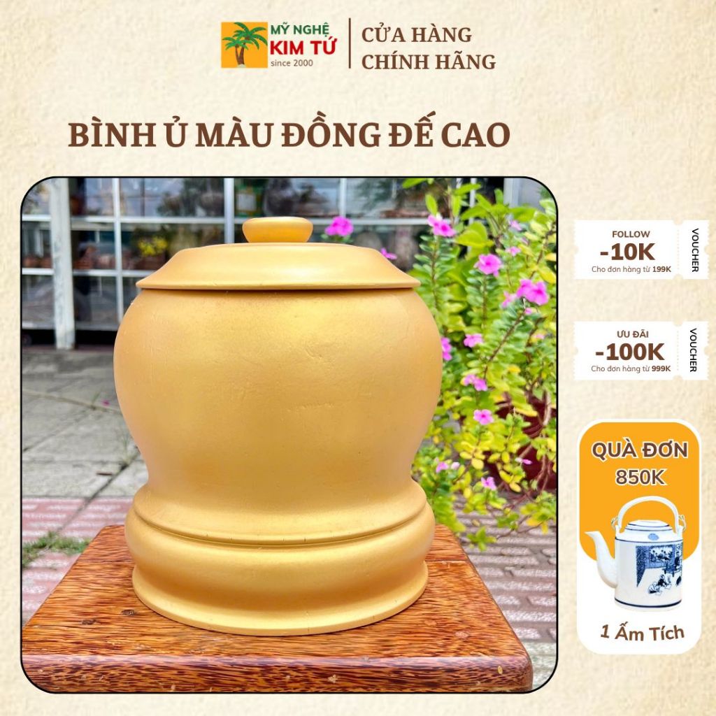 [ TẶNG ẤM 1200ML ] Bình Ủ Ấm Trà Gỗ Dừa Màu Vàng Đồng, Giữ Nhiệt Cao Cấp, Trang Trí Bàn Trà, Quà Tặng Sang Trọng Ý Nghĩa