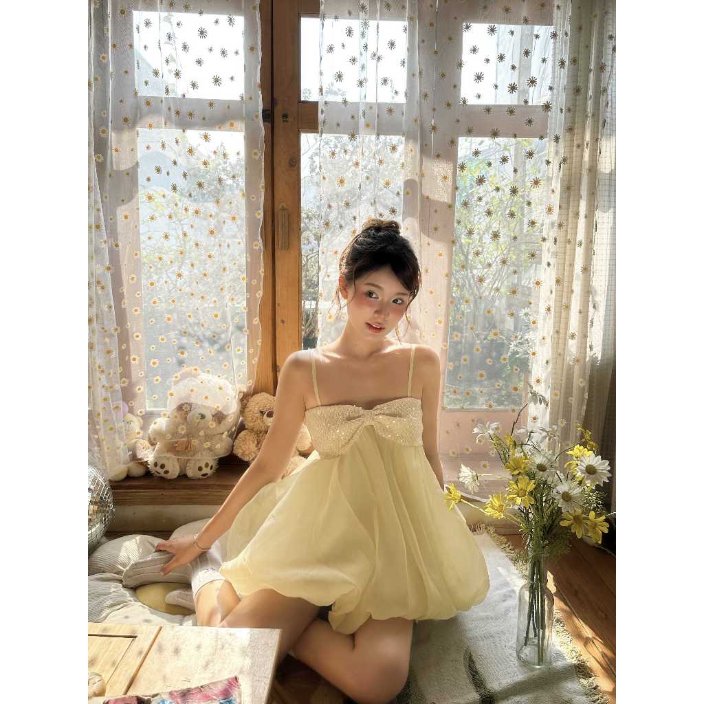 Áo bí phồng áo hai dây áo kiểu đính nơ kim sa dài 60cm_STELLA Top