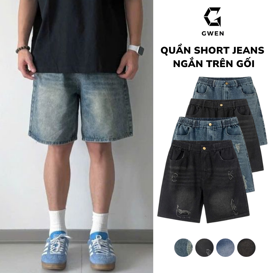 [MỞ BÁN]Quần Short Jean Nam GWEN Nửa Cạp Chun Form Ngắn Trên Gối, Quần Đùi Bò Xước Rách Phong Cách