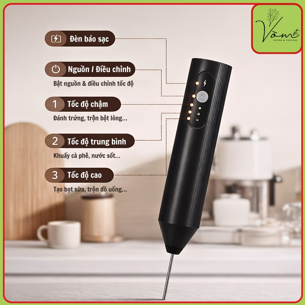( Sạc Pin ) Máy Đánh Bọt Sữa Cầm Tay 3 Tốc Độ Công Suất Mạnh Pin Sạc USB Đa Năng Tạo Bọt Cà Phê Latte Matcha Đánh Trứng