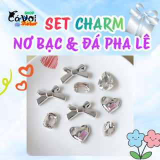Set Charm Nơ Bạc Gương & Đá Pha Lê Trái Tim Sang Chảnh Lấp Lánh Phong Cách Thanh Lịch Cao Cấp Trang Trí DIY Xinh Xắn