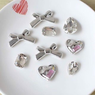 Set Charm Nơ Bạc Gương & Đá Pha Lê Trái Tim Sang Chảnh Lấp Lánh Phong Cách Thanh Lịch Cao Cấp Trang Trí DIY Xinh Xắn