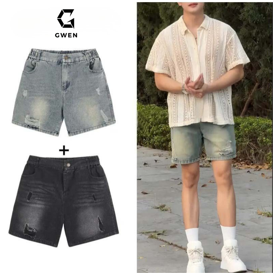[MỞ BÁN]Quần Short Jean Nam GWEN Nửa Cạp Chun Form Ngắn Trên Gối, Quần Đùi Bò Xước Rách Phong Cách | BigBuy360 - bigbuy360.vn