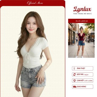 Áo Kiểu Nữ Ôm Body Y2K Cổ Tim Phối Ren Cột Dây Chất Thun Cotton Mịn, LynLux