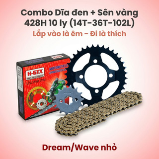 Nhông Sên Dĩa Giá Rẻ: Dĩa Đen + Sên Vàng 428H 10 Ly (14T-36T-102L) – Dream / Wave Nhỏ