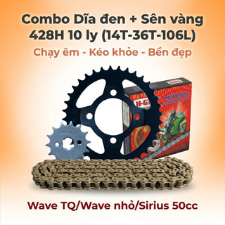 Nhông Sên Dĩa Giá Rẻ Dĩa Đen + Sên Vàng 428H 10 Ly (14T-36T-106L) – Wave TQ / Wave Nhỏ / Sirius 50cc
