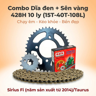 Nhông Sên Dĩa Giá Rẻ: Dĩa Đen + Sên Vàng 428H 10 Ly (14T-40T-108L) – Sirius Fi (Từ 2014) / Taurus