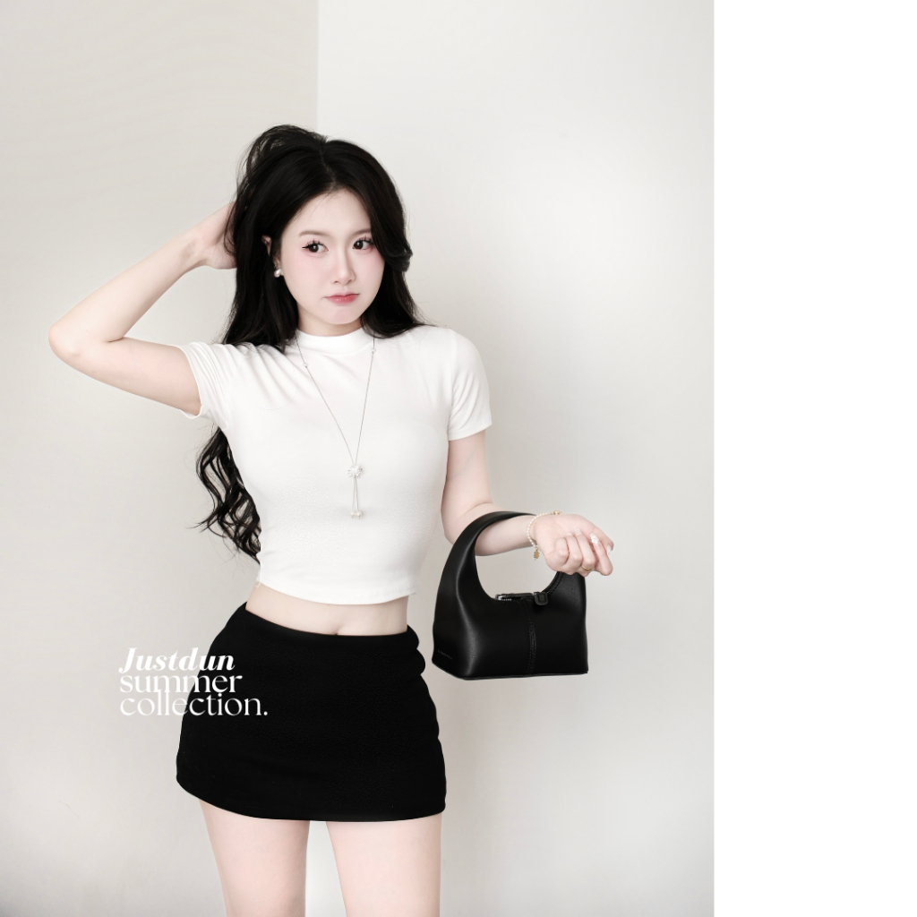 Áo thun croptop cộc tay nữ basic chất cotton mịn co giãn Justdun CT4