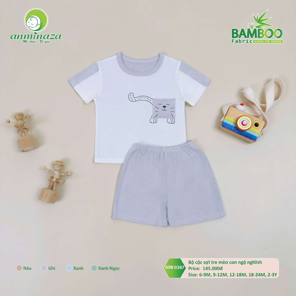 Bộ Cộc Bé Trai Mèo Con Nghộ Nghĩnh Anminaza Vải Sợi Tre Petit Mềm Mại Thấm Hút - Hàng Chính Hãng AMI0387